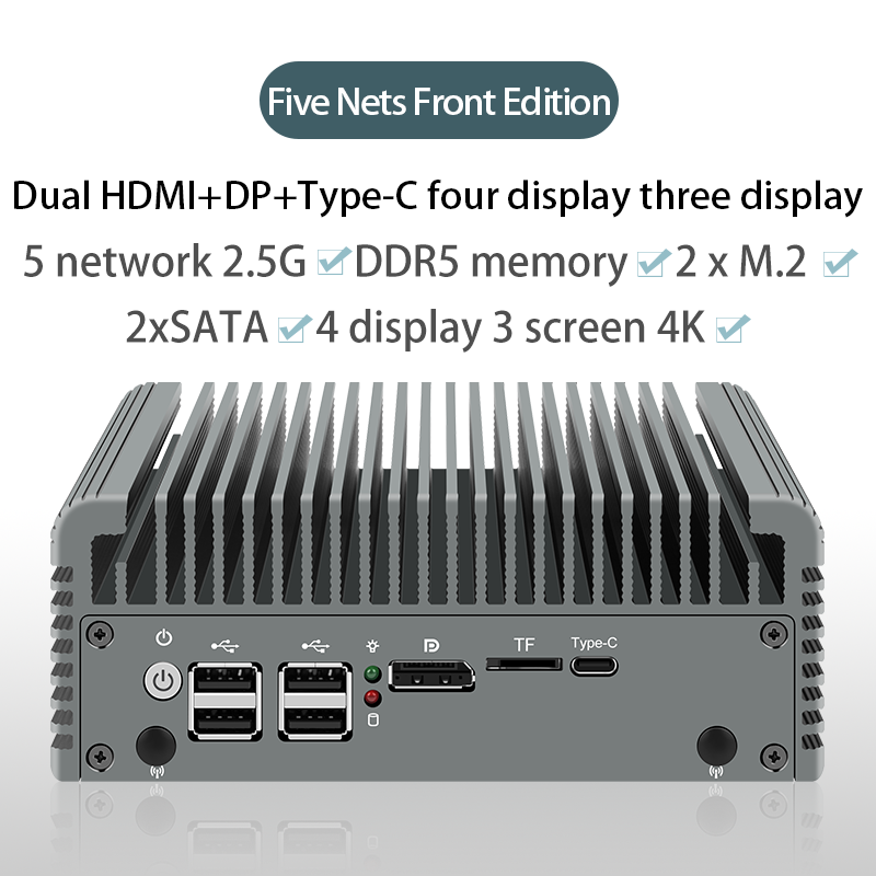 N100/N200/i3-N305 5-network Fengshang version soft 5-network 2.5G dual M.2 dual SATA dual HDMI/DP/multi-network port mini host