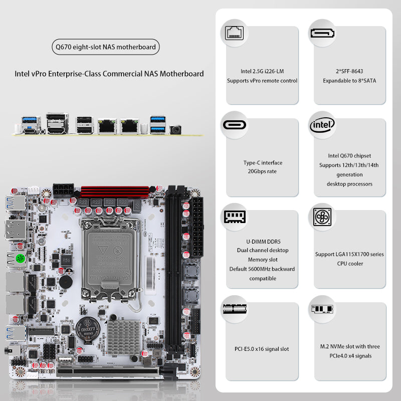 Q670-8Bay NAS Mini ITX motherboard upgrade, LGA1700 supports Intel 12-14 generation processors, DDR5, dual 4k monitors, 5X USB3/2, 8 SATA3.0 ports, I226LM 2.5G with vPro